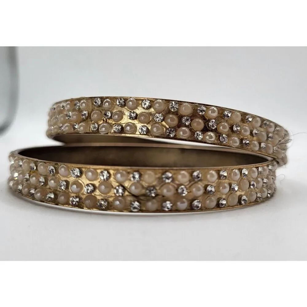 Two Large Pearl and Rhinestone 8.5 in Bangle Bracelets